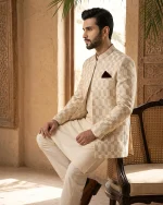Premium Off-White Prince Coat for Men Elegant Checkered Wedding Wear - Image 4