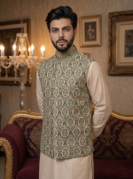 Green Self-Print Jamawar Waistcoat with Handmade Thread Embroidery for Men - Image 5
