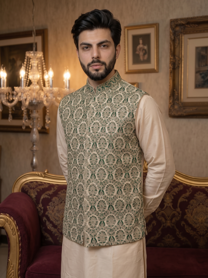 Green Self-Print Jamawar Waistcoat with Handmade Thread Embroidery for Men - Image 4