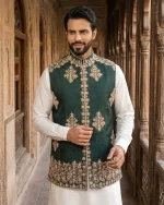 Elegant Bottle Green Jamawar Waistcoat with Premium Handmade Embroidery - Image 5