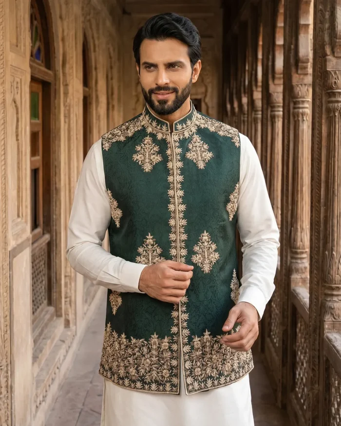 Elegant Bottle Green Jamawar Waistcoat with Premium Handmade Embroidery - Image 5