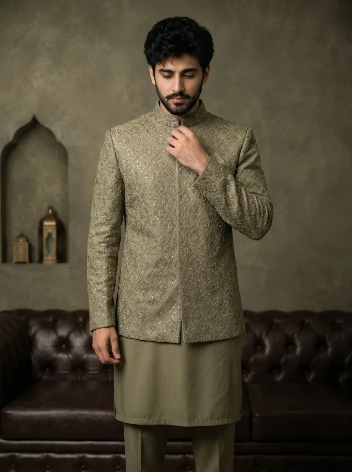 Premium Mehndi Green Prince Coat with Digital Thread - Image 4