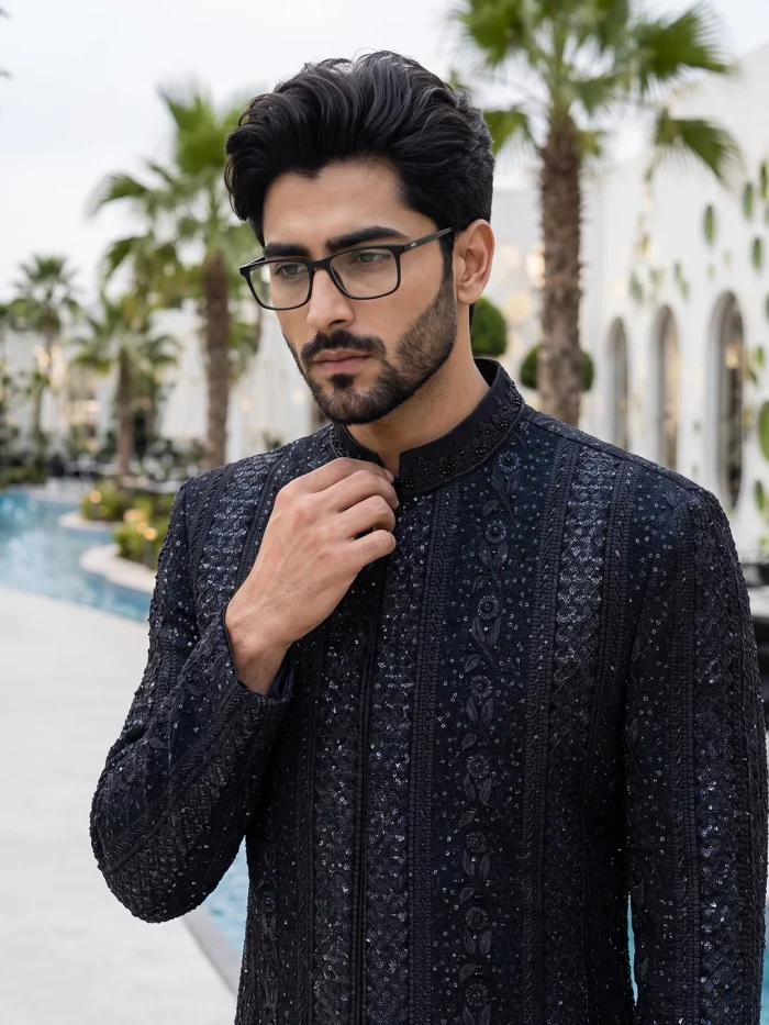 Black Sherwani Stunning Handmade Digital Thread - Image 2