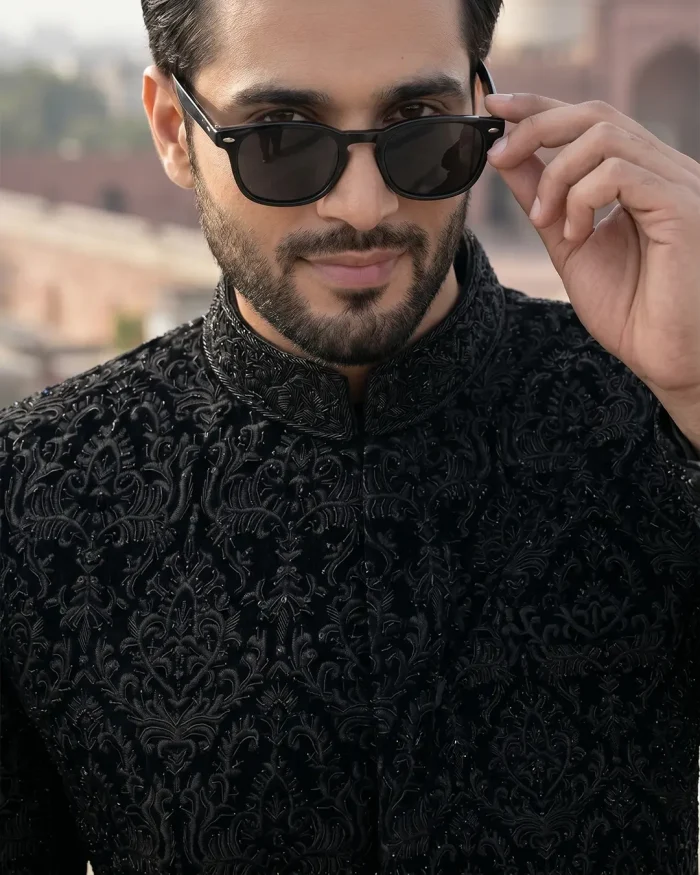 Velvet Sherwani Luxury Black Handmade Embroidered - Image 4
