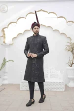 Luxury Black Sherwani with Digital Thread Embroidery Elegant Groom Wear - Image 2
