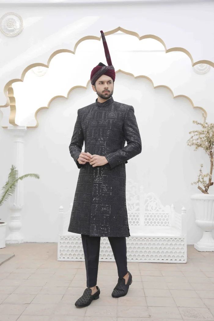 Luxury Black Sherwani with Digital Thread Embroidery Elegant Groom Wear - Image 2