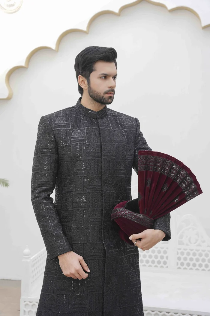 Luxury Black Sherwani with Digital Thread Embroidery Elegant Groom Wear - Image 4