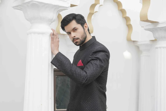 Black Sherwani Stunning Digital Thread Embroidery for Men - Image 2
