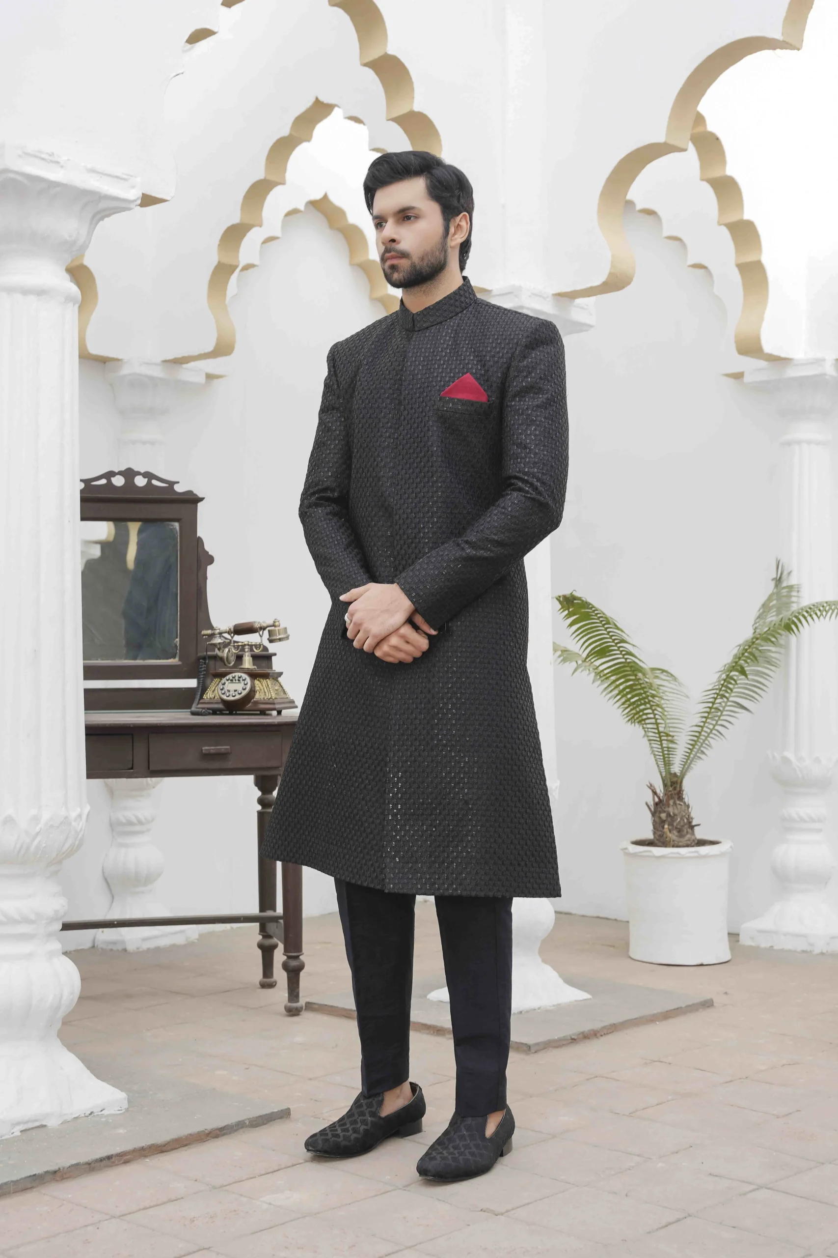 DSC01507-scaled-1.webp Black Sherwani Stunning Digital Thread Embroidery for Men - Image 1