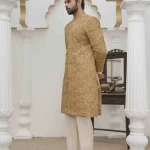 Luxury Golden Sherwani with Digital Thread & Handmade Embroidery