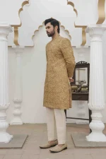 Luxury Golden Sherwani with Digital Thread & Handmade Embroidery