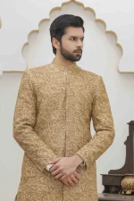 Luxury Golden Sherwani with Digital Thread & Handmade Embroidery - Image 2