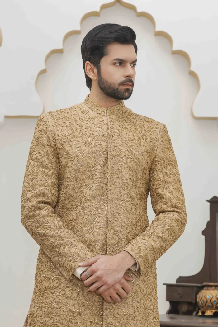 Luxury Golden Sherwani with Digital Thread & Handmade Embroidery - Image 2