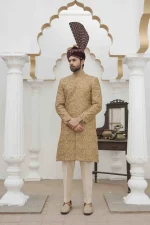 Luxury Golden Sherwani with Digital Thread & Handmade Embroidery - Image 3