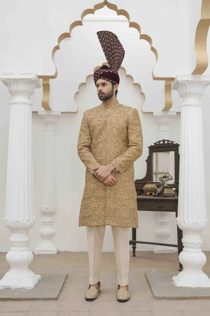 Luxury Golden Sherwani with Digital Thread & Handmade Embroidery - Image 3