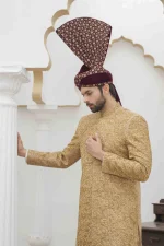 Luxury Golden Sherwani with Digital Thread & Handmade Embroidery - Image 4