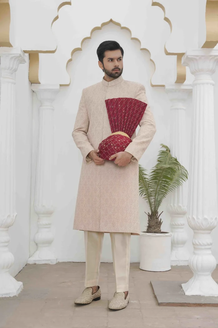 Premium Skin Colour Sherwani Stunning Digital Thread Embroidery for Men - Image 3