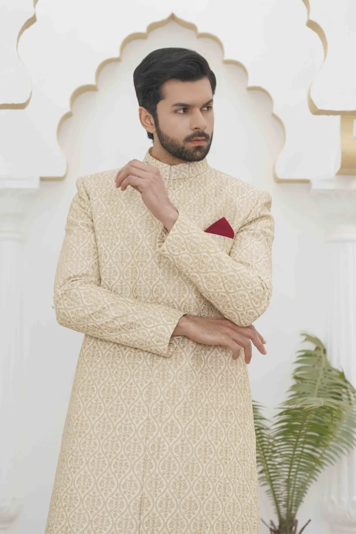 Stunning Skin Colour Sherwani with Digital Thread Embroidery - Image 2