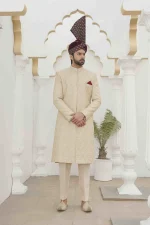 Stunning Skin Colour Sherwani with Digital Thread Embroidery - Image 3