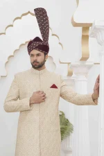 Stunning Skin Colour Sherwani with Digital Thread Embroidery - Image 4