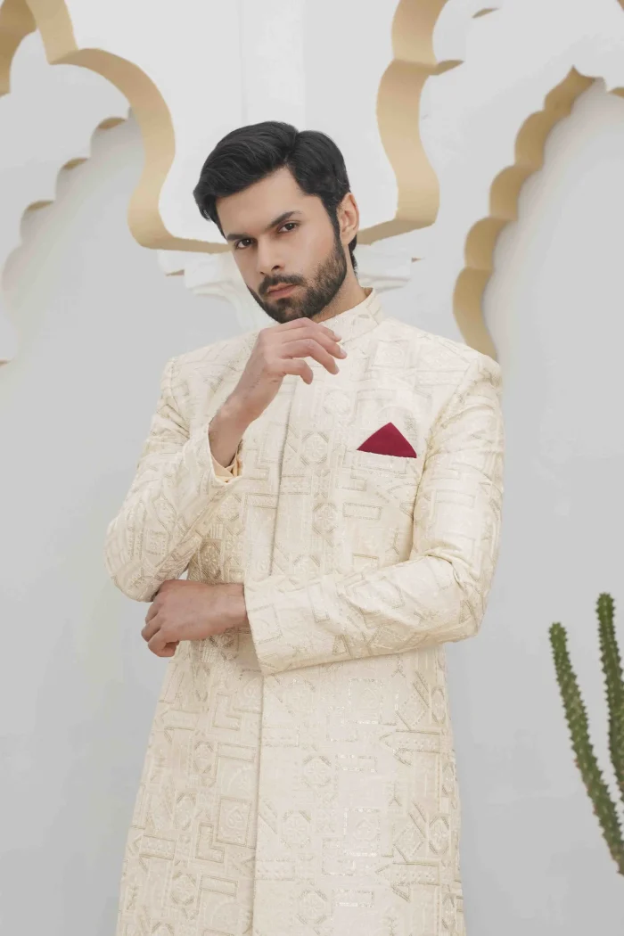 Off White Sherwani Exclusive Digital Thread Embroidery for Men - Image 2