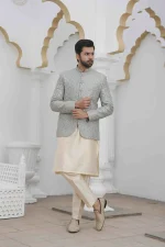 Luxury Ice Blue Prince Coat with Digital Thread Embroidery - Image 2