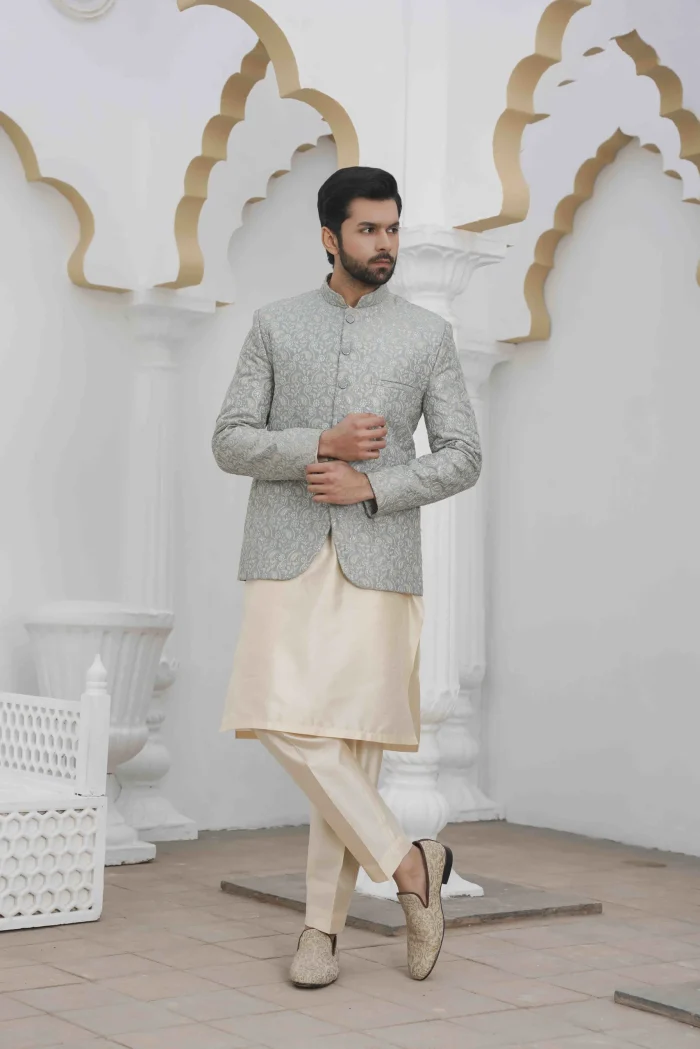 Luxury Ice Blue Prince Coat with Digital Thread Embroidery - Image 2