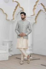 Luxury Ice Blue Prince Coat with Digital Thread Embroidery - Image 3