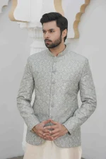 Luxury Ice Blue Prince Coat with Digital Thread Embroidery