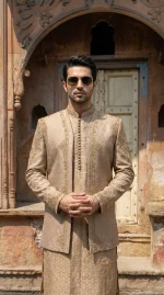 Premium Champion Gold Jamawar Prince Coat with Handmade Embroidery