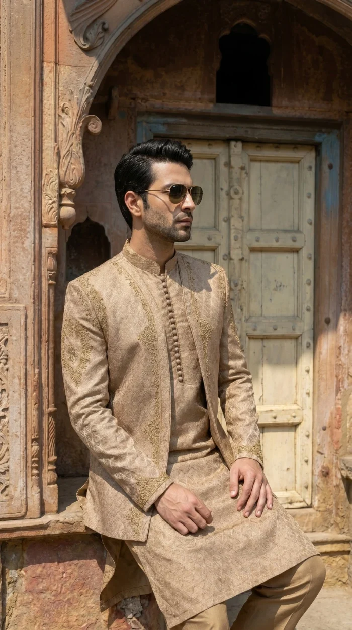 Premium Champion Gold Jamawar Prince Coat - Image 3