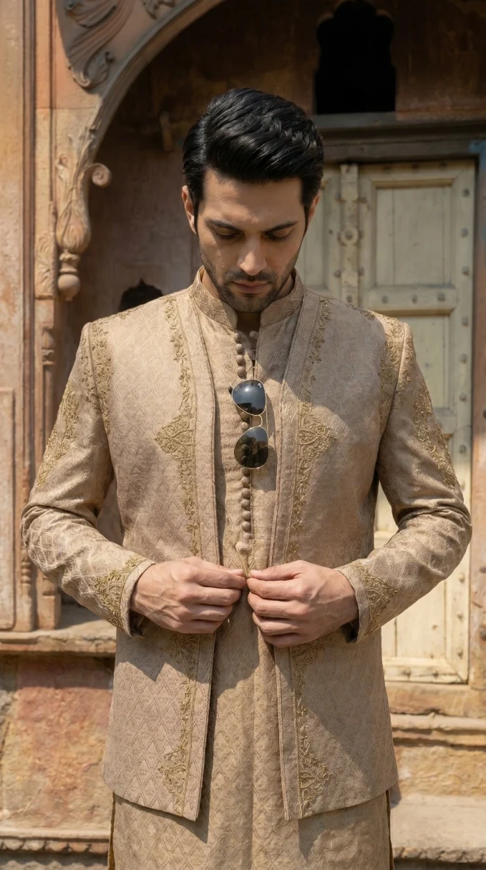 Premium Champion Gold Jamawar Prince Coat - Image 4
