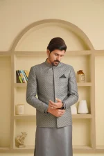 Grey Prince Coat Premium Digital Thread Embroidery for Men - Image 2
