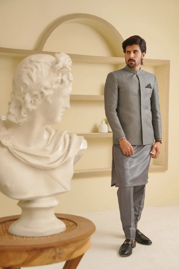 Grey Prince Coat Premium Digital Thread Embroidery for Men - Image 3