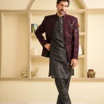 Stunning Maroon Velvet Open Prince Coat with Digital Thread Embroidery