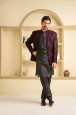 Stunning Maroon Velvet Open Prince Coat with Digital Thread