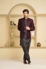 Stunning Maroon Velvet Open Prince Coat with Digital Thread - Image 2