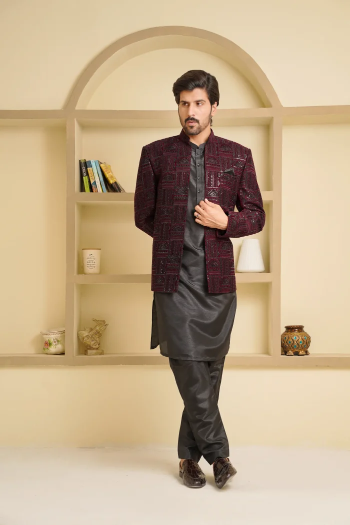 Stunning Maroon Velvet Open Prince Coat with Digital Thread - Image 2