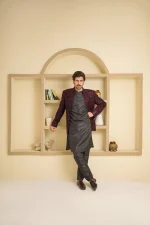 Stunning Maroon Velvet Open Prince Coat with Digital Thread - Image 3