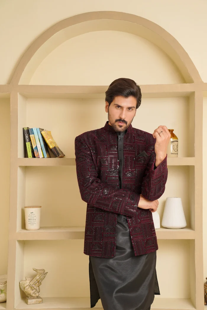 Stunning Maroon Velvet Open Prince Coat with Digital Thread - Image 4