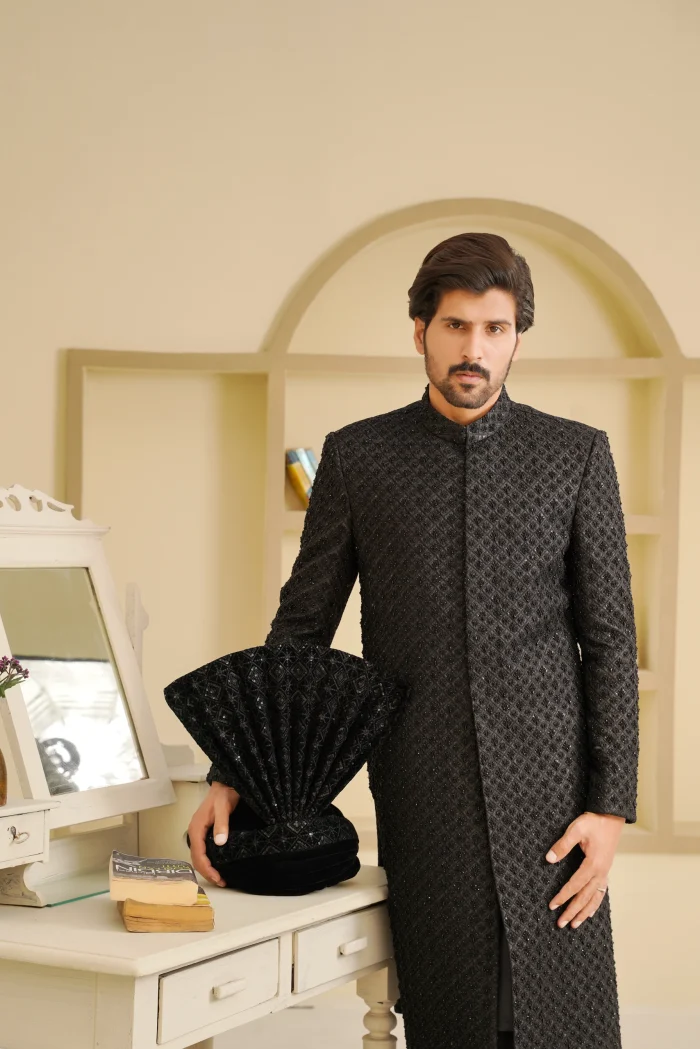 Black Sherwani Exclusive Digital Thread & Handmade Embroidery - Image 2