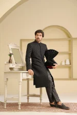 Black Sherwani Exclusive Digital Thread & Handmade Embroidery - Image 3