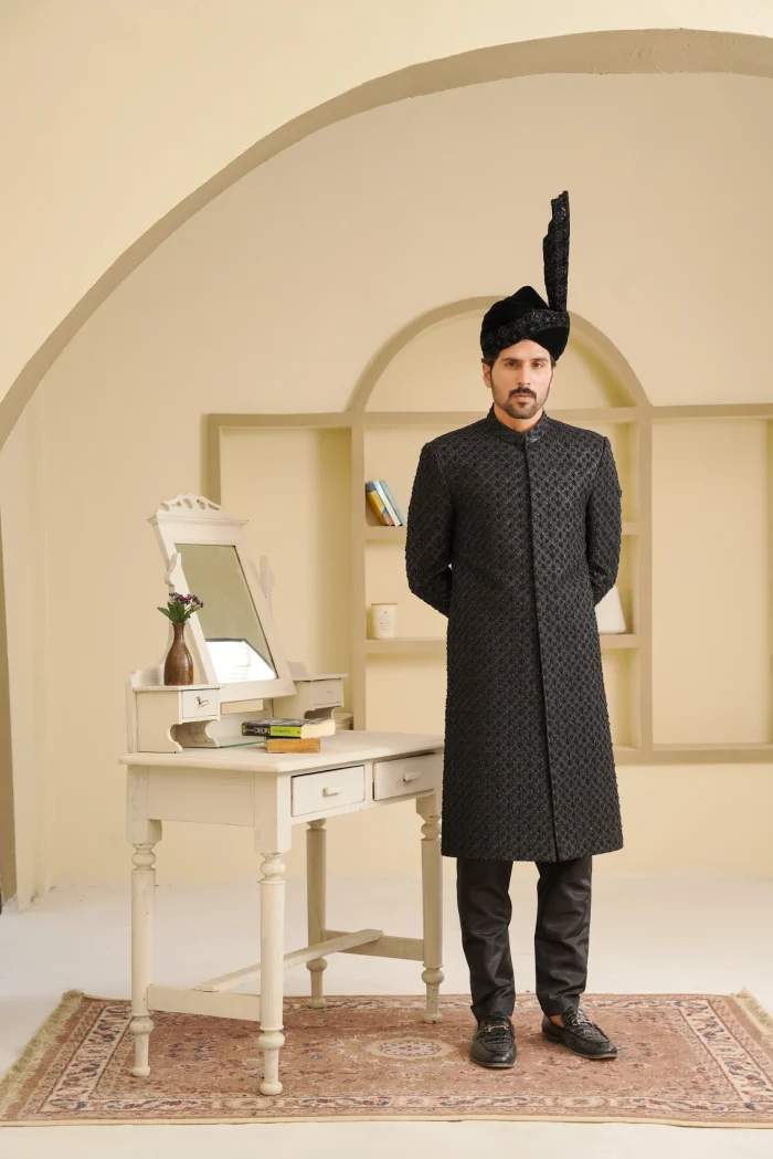 Black Sherwani Exclusive Digital Thread & Handmade Embroidery - Image 4