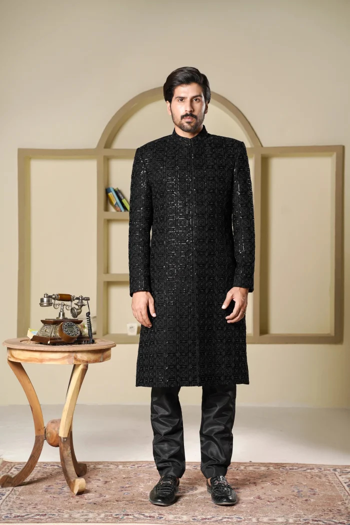 Black Sherwani Stunning Digital Thread Embroidery for a Royal Look - Image 2
