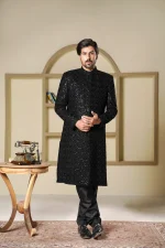 Black Sherwani Stunning Digital Thread Embroidery for a Royal Look - Image 3