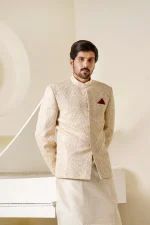 Stunning Off White Prince Coat Premium Digital Thread Embroidery - Image 2