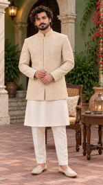 Men's luxury cream prince coat with intricate golden embroidery, elegant mandarin collar, and premium traditional design, perfect for Pakistani weddings, grooms, and formal events.
