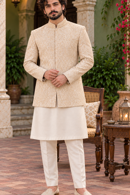 Men's luxury cream prince coat with intricate golden embroidery, elegant mandarin collar, and premium traditional design, perfect for Pakistani weddings, grooms, and formal events.