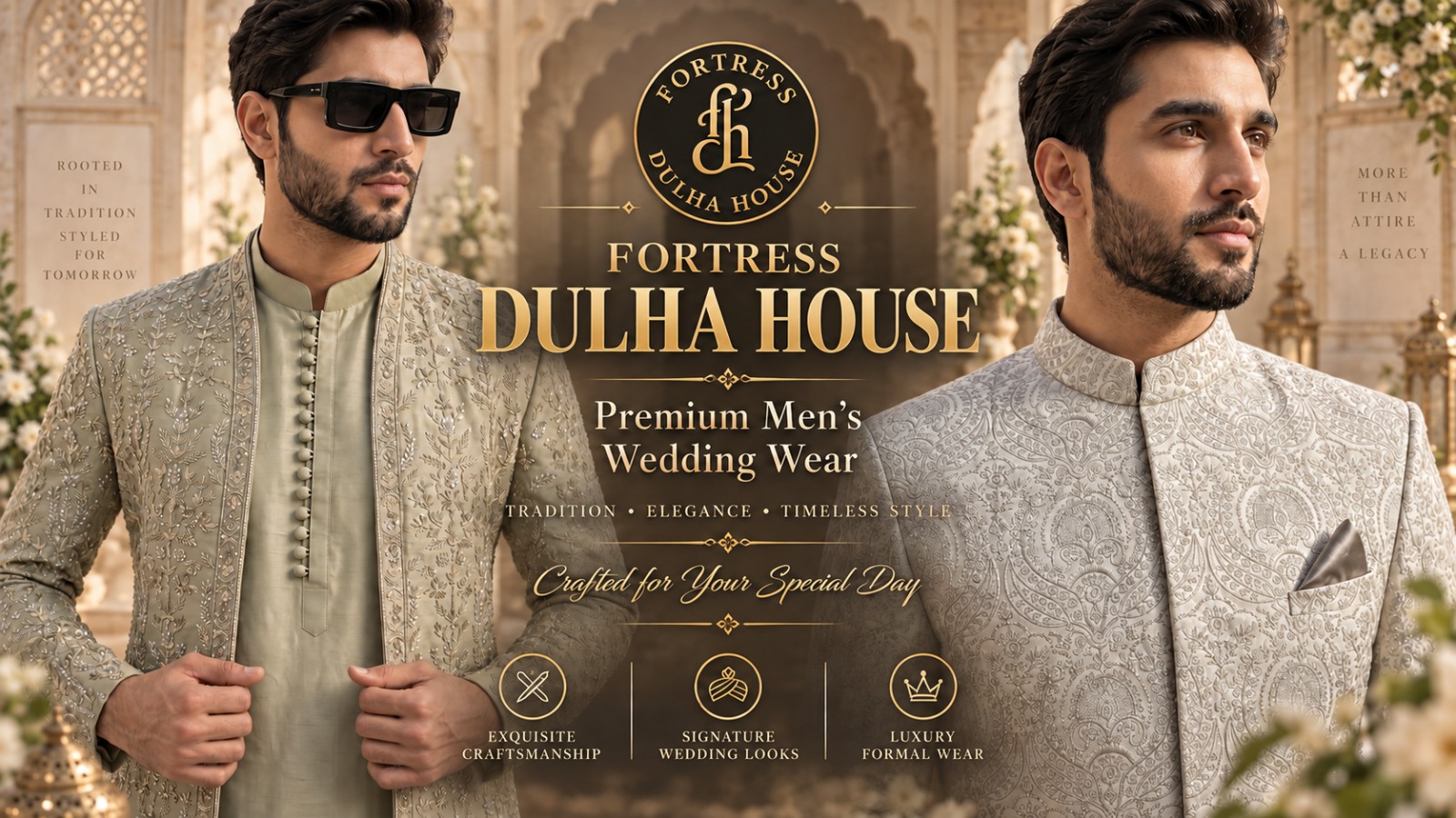 Fortress Dulha House premium men’s wedding wear featuring luxury embroidered ivory and sage green groom outfits in an elegant royal setting.