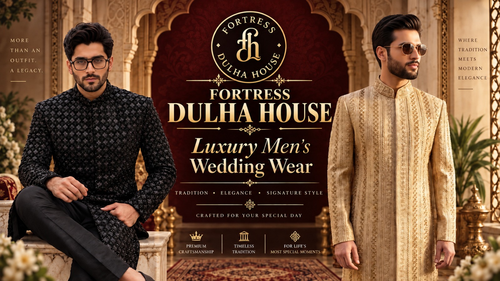 Fortress Dulha House luxury men’s wedding wear featuring an embroidered mustard waistcoat with traditional kurta pajama in a royal wedding setting.
